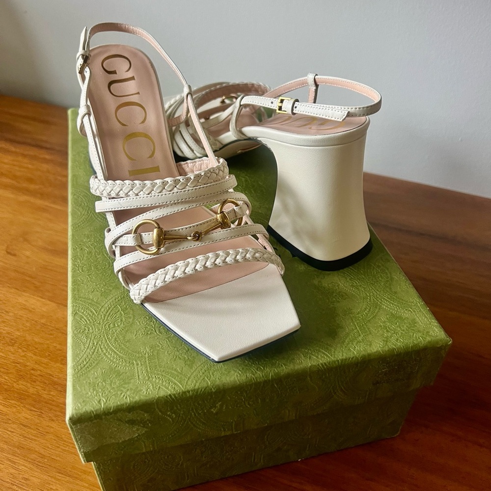 Brand New Gucci Ketty Slingback Leather White Sandals Strappy Block High… - Picture 10 of 10